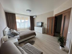 a bedroom with a bed and a couch and a tv at Apartment, Podillya in Vinnytsya