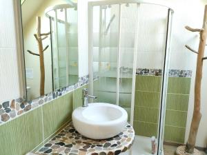 a bathroom with a sink and a shower at Maison de charme au Vivier-sur-Mer avec terrasse privée in Le Vivier-sur-Mer +6 photos