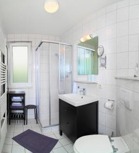 een badkamer met een wastafel, een douche en een toilet bij Haus Ferienidyll in Ahlbeck