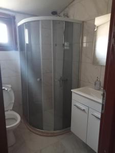 a bathroom with a shower and a toilet and a sink at Yildiz Ahşap Evleri in Datca