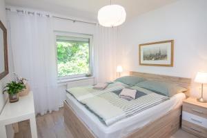 Schlafzimmer mit einem großen Bett und einem Fenster in der Unterkunft Panorama Residence in Balatonalmádi