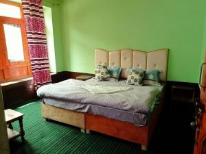 Schlafzimmer mit einem Bett mit grünen Wänden und Fenstern in der Unterkunft Sukoon Turtuk Home Stay in Turtok