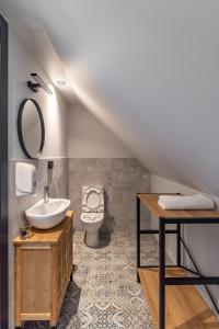a bathroom with a sink and a toilet at Viešbutis SAKAI sodyboje Gribžė in Gribžiniai