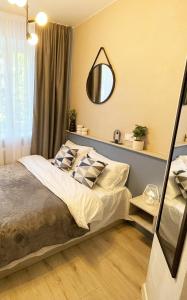 1 dormitorio con 1 cama con espejo en la pared en MYFREEDOM Апартаменти метро Олімпійська Центр, en Kiev