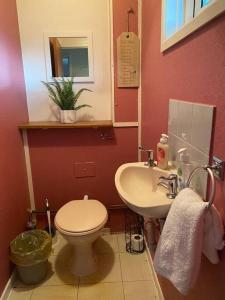 a bathroom with a toilet and a sink at Comfortable 3 bed House - Great Monthly Discounts in Worting