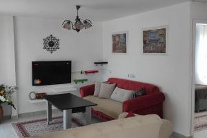 a living room with a red couch and a tv at Denizli Öğretmenler Sitesi in Didim