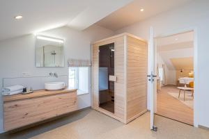 uma casa de banho com um chuveiro, um lavatório e um espelho. em B&B - La Maison des Sottais em Burg-Reuland