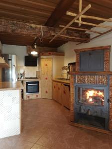 a kitchen with a fireplace in the middle of a room at Chata Šeřín in Vítkovice