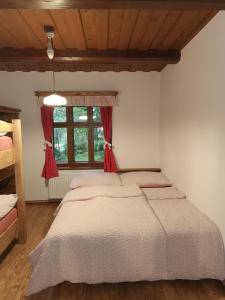 ein Schlafzimmer mit einem großen Bett und einem Fenster in der Unterkunft Chata Šeřín in Vítkovice