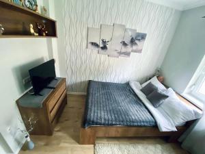 Habitación pequeña con cama y escritorio con TV. en IrányBerény Rezidencia en Balatonberény