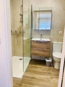 a bathroom with a shower and a sink and a toilet at Le Roxane 2 bedroom apartment in the city-center of Antibes in Antibes