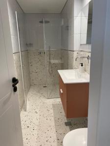 La salle de bains est pourvue d'une douche, d'un lavabo et de toilettes. dans l'établissement GoodHouse 401 - Beautiful Flat in Center of Jerusalem, à Jérusalem