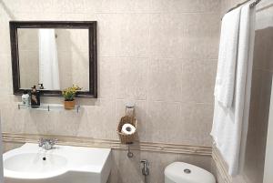 y baño con lavabo, aseo y espejo. en Casa Felicha Къща Щастие Хасково en Haskovo