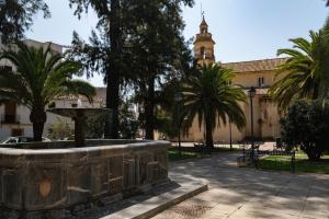 una fuente frente a un edificio con palmeras en Lofts Jumaral - La Magdalena en Córdoba