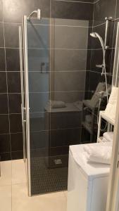 een douche met een glazen deur in de badkamer bij Ref NASTIA - Palmes d'Or Properties in Cannes