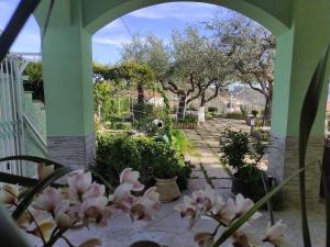 un giardino con alberi e fiori su un patio di Casetta delle Fate , sport e natura a Noli