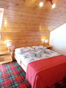 1 dormitorio con 1 cama y pared de madera en La finestra sulle Dolomiti, en Carano