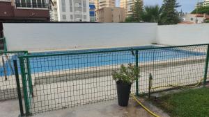 a fence with a potted plant next to a pool at Apartamento con piscina y cerca de la playa in Benicàssim