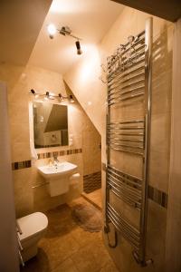 a bathroom with a sink and a toilet and a shower at Dom wakacyjny - wiatrak holenderski na Mazurach in Ryn