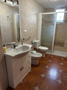 uma casa de banho com um lavatório, um WC e um chuveiro em Villa Rosa Rasero 