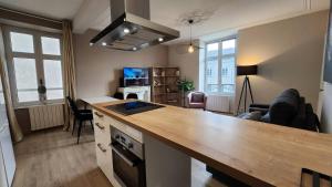 a kitchen with a counter top and a living room at Les appartements de Louis in Limoges