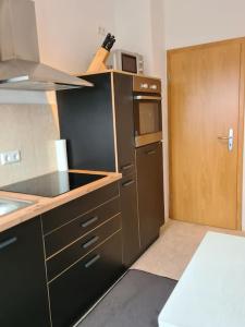 a kitchen with a sink and a refrigerator at Gästewohnung KL. WZL 29_5 in Klein Wanzleben +4 photos