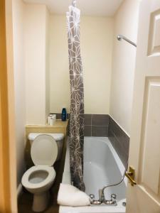 a bathroom with a toilet and a bath tub at Tatia House in Gainsborough