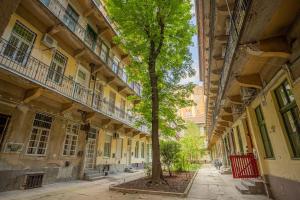 un callejón en un viejo edificio con un árbol en Two bedroom gallery flat in the Akacfa str., en Budapest