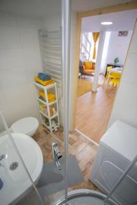 y baño con ducha, lavabo y aseo. en Two bedroom gallery flat in the Akacfa str., en Budapest