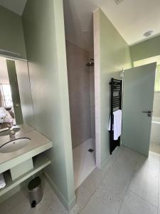 La salle de bains est pourvue d'un lavabo et d'un miroir. dans l'établissement La Maison à Pan De Bois chambre Art Deco, à Vierzon