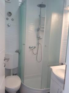 y baño con ducha, aseo y lavamanos. en Apartmani Nikša Divić - Villa Mateo, en Baška Voda