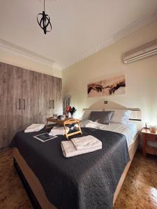 薩拉米斯的住宿－Salamis Luxury Escape，一间卧室配有一张大床和一张桌子