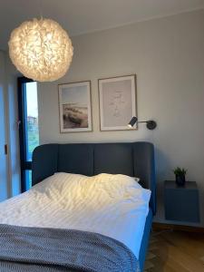 ein Schlafzimmer mit einem Bett und zwei Bildern an der Wand in der Unterkunft Cozy apartment near the beach and the city center in Tartu
