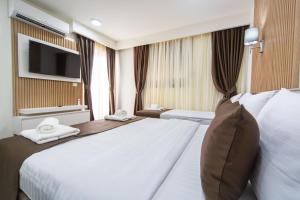 Habitación de hotel con cama grande y TV en Rooftop apartments & rooms Budva en Budva