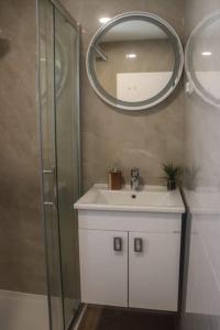 uma casa de banho com um lavatório e um chuveiro com um espelho. em Apartman Matea em Topići