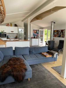 sala de estar con sofá azul y cocina en Really Nice And Big Summerhouse Close To Roskilde Fjord, en Ølsted