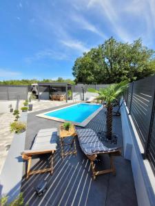 eine Terrasse mit einem Swimmingpool, zwei Stühlen und einer Palme in der Unterkunft Apartment Lo&Ti in Čižići