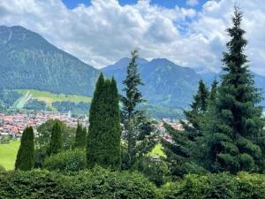 a group of trees on a hill with mountains in the background at Ferienwohnung Alpentraum-Panorama Chalet in Oberstdorf