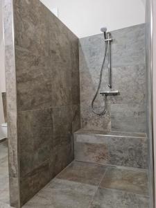 a bathroom with a shower with a stone wall at Stadtpalais Merkur-Apartment maximal 2 Personen in Bautzen