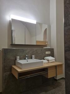 a bathroom with a sink and a mirror at Stadtpalais Merkur-Apartment maximal 2 Personen in Bautzen