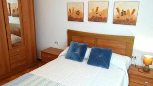 a bedroom with a bed with two blue pillows on it at Piso de Laura en primera planta in Lariño