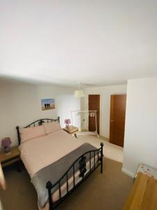 ein Schlafzimmer mit einem großen Bett in einem Zimmer in der Unterkunft No 2 Minhinnick Court in Tavistock