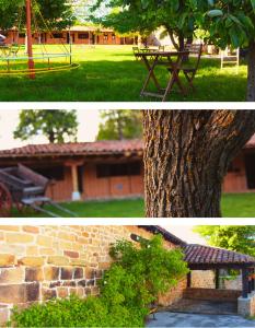 Dos fotografías de un parque con un banco y un árbol. en Alojamientos La Ermita, en Navamuel
