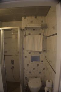 a small bathroom with a toilet and a shower at Remer Hotel in Fethiye