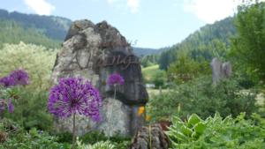 einen Stein mit lila Blumen im Garten in der Unterkunft Albingers Landhaus in Balderschwang