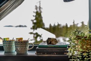a window sill with two cups and books and a rock at Private Room in Beautiful Mountain Home w/ Sauna in Beitostøl