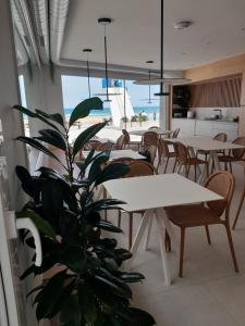 a plant in a restaurant with tables and chairs at Kein Hostel in Zarautz