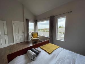 a bedroom with a bed and a large window at Glenogue Farm in Gorey