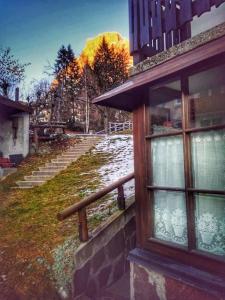 a window on the side of a building next to stairs at Cozy Alpine House di Svaizer in San Martino di Castrozza