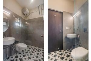 twee foto's van een badkamer met toilet en wastafel bij StayVista at Mawi Summers in Arambol